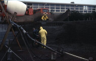 Photograph - Digital Image, Watsonia High School Pool, Construction 1976. Concrete truck and workers spraying concrete, 12/12/1976