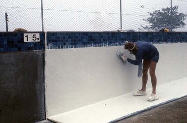 Photograph - Digital Image, Watsonia High School Pool, Construction 1976. Lining the pool 3, 12/12/1976