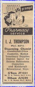 Advertisement - Digital Image, Diamond Valley News, L J Thompson Pharmacy, 1950s