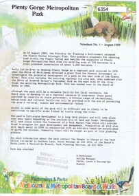 Newsletter, Plenty Gorge Metropolitan Park Newsheet No. 1 August 1989, 1989_08