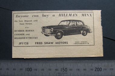 Advertisement - Digital image, Fred Shaw Motors, 1959, 1959_
