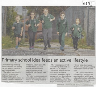 Newspaper Clipping, Diamond valley Leader, Primary school idea feeds an active lifestyle, 23/10/2019