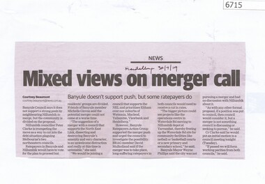 Newspaper Clipping, Heidelberg Leader, Mixed views on merger call, by Courtney Beaumont, 30/07/2019