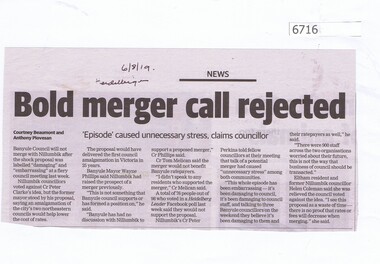 Newspaper Clipping, Heidelberg Leader, Bold merger call rejected, 06/08/2019