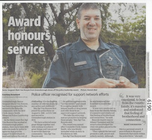 Newspaper Clipping, Diamond valley Leader, Award honours service, 06/11/2019
