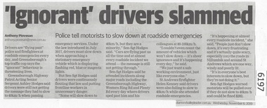 Newspaper Clipping, Diamond valley Leader, Ignorant drivers slammed, 06/11/2019