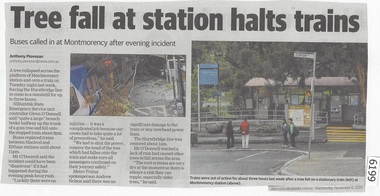 Newspaper Clipping, Diamond Valley Leader, Tree fall at station halts trains, 06/11/2019