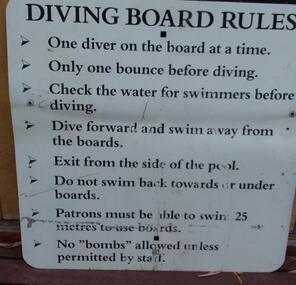 Photograph - Digital Image, Diving board rules, Greensborough Pool 1960s, 1960s