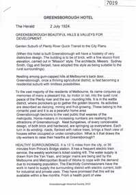 Newspaper Clipping, Greensborough Hotel: Greensborough beautiful hills & valleys for development, 02/07/1924