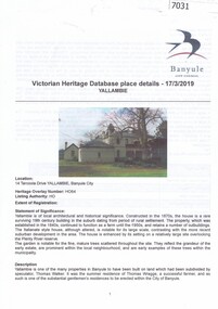 Article, Banyule City Council, Victorian Heritage database place details: Yallambie, 17/03/2019
