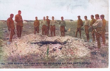 Postcard, The Burial of two British soldiers on the battlefield, 1919c