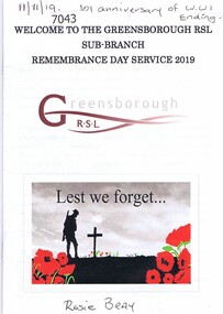 Booklet, Welcome to the Greensborough RSL Sub-branch Remembrance Day Service 2019, 2019_11
