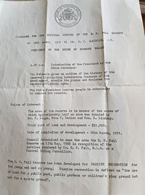 Program - Digital Image, Shire of Diamond Valley, Fell Reserve opening 1971, 26/03/1971
