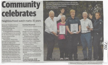 Newspaper Clipping, Diamond Valley Leader, Community celebrates: Neighbourhood Watch marks 35 years, 13/11/2019