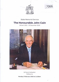 Booklet and Article, State Memorial Service, the Honourable John Cain, 03/02/2020