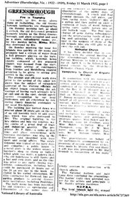 Newspaper Clipping, Greensborough. Fire in township, 11/03/1932