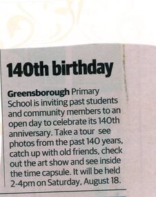 Newspaper Clipping, Diamond Valley Leader, 140th birthday. Greensborough Primary School Gr2062, 23/05/2018