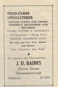 Advertisement - Digital Image, Baines Upholstery 1954, 1954