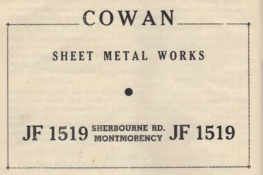 Advertisement - Digital Image, Cowan Sheet Metal Works 1954, 1954