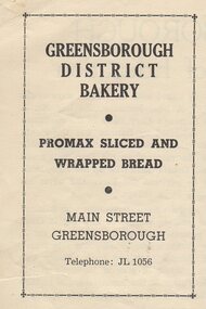 Advertisement - Digital Image, Greensborough District Bakery 1954, 1954