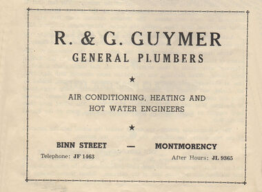 Advertisement - Digital Image, R & G Guymer General Plumbers 1954, 1954
