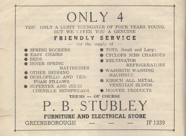 Advertisement - Digital Image, Stubley Furniture and Electrical Store 1954, 1954