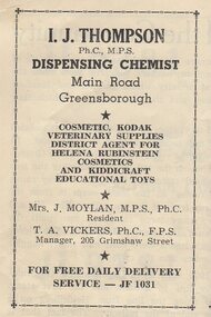 Advertisement - Digital Image, Thompson Chemist 1954, 1954