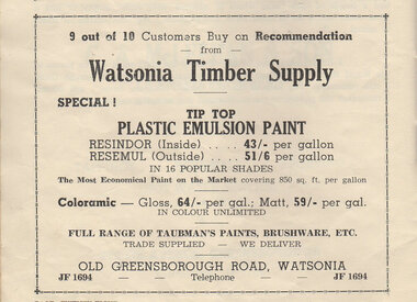 Advertisement - Digital Image, Greensborough Primary School, Watsonia Timber Supply 1954, 1954_