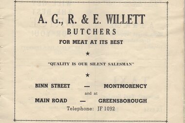 Advertisement - Digital Image, Greensborough Primary School, Willett Butchers 1954, 1954_
