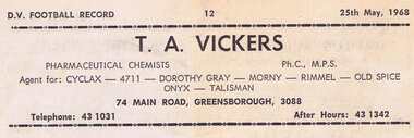 Advertisement - Digital Image, T.A. Vickers Pharmaceutical Chemists 1968, 25/08/1968