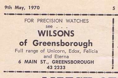 Advertisement - Digital Image, Wilson's of Greensborough (Watchmaker) 1970, 09/05/1970