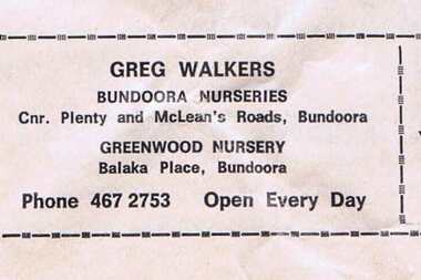 Advertisement - Digital Image, Greg Walkers Bundoora Nurseries 1972, 15/07/1972