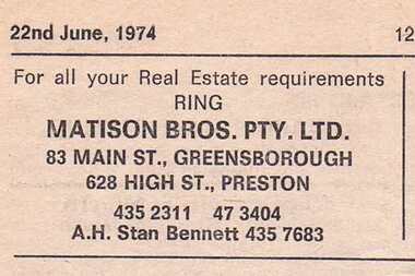 Advertisement - Digital Image, Matison Bros Pty Ltd Real Estate 1974, 22/06/1974