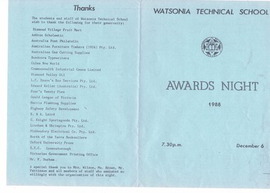 Program - Digital Image, Rosie Bray, Watsonia Technical School Awards Night 1988 WaTECH, 1988_