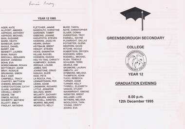 Program - Digital Image, Rosie Bray et al, Greensborough Secondary College Graduation Ceremony 1995. Gr8750, 12/12/1995