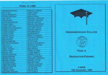 Program - Digital Image, Rosie Bray et al, Greensborough Secondary College Graduation Ceremony 1996. Gr8750, 10/12/1996