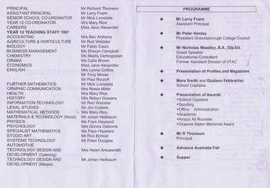 Program - Digital Image, Rosie Bray et al, Greensborough College Graduation Ceremony 1997. Gr8750, 09/12/1997