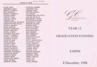 Program - Digital Image, Rosie Bray et al, Greensborough College Graduation Ceremony 1998. Gr8750, 08/12/1998