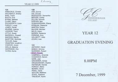 Program - Digital Image, Rosie Bray et al, Greensborough College Graduation Ceremony 1999. Gr8750, 07/12/1999