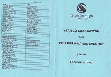 Program - Digital Image, Rosie Bray et al, Greensborough College Graduation Ceremony 2002. Gr8750, 05/12/2002