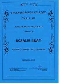 Program - Digital Image, Rosie Bray et al, Greensborough Secondary College: Certificate of Achievement 1996 Rosalie Bray. Gr8750, 1996_12
