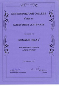 Program - Digital Image, Rosie Bray et al, Greensborough College: Certificate of Achievement 1997 Rosalie Bray. Gr8750, 1997_12