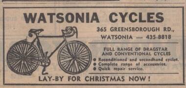 Advertisement - Digital Image, Diamond valley Leader, Watsonia Cycles 1960s, 1976_
