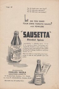 Photograph - Advertisement - Digital Image, Sausetta Blended Spices, by Fowlers Vacola, 1930s