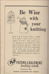 Advertisement - Digital Image, NSW Cookery Teachers' Association, Patons and Baldwins' Knitting Wool: in Domestic Science Handbook, 1942_