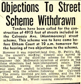 Newspaper Clipping - Digital Image, Objections to street scheme withdrawn [Calrossie Avenue Montmorency], 05/11/1965