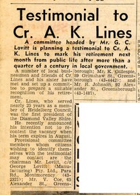 Newspaper Clipping - Digital Image, Testimonial to Cr A. K. Lines 1966, 19/07/1966