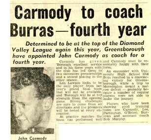 Newspaper Clipping - Digital Image, Carmody to coach Burras - fourth year 1968 [Greensborough Football Club], 16/04/1968