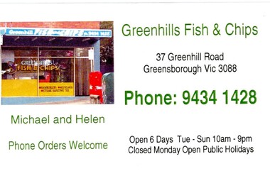 Business Card, Greenhills Fish and Chips, 2018