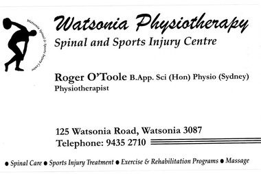 Business card, Watsonia Physiotherapy, Watsonia Physiotherapy 2018, 2018